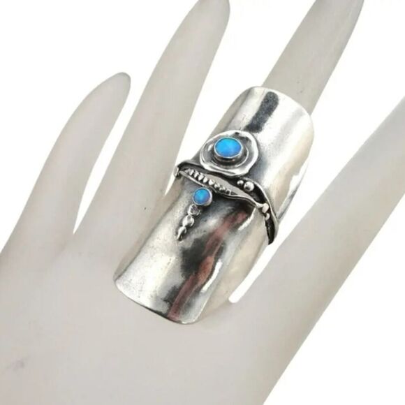 Silver Statement Ring for Women Retro Boho Design with Gemstone Adjustable - Picture 5 of 11